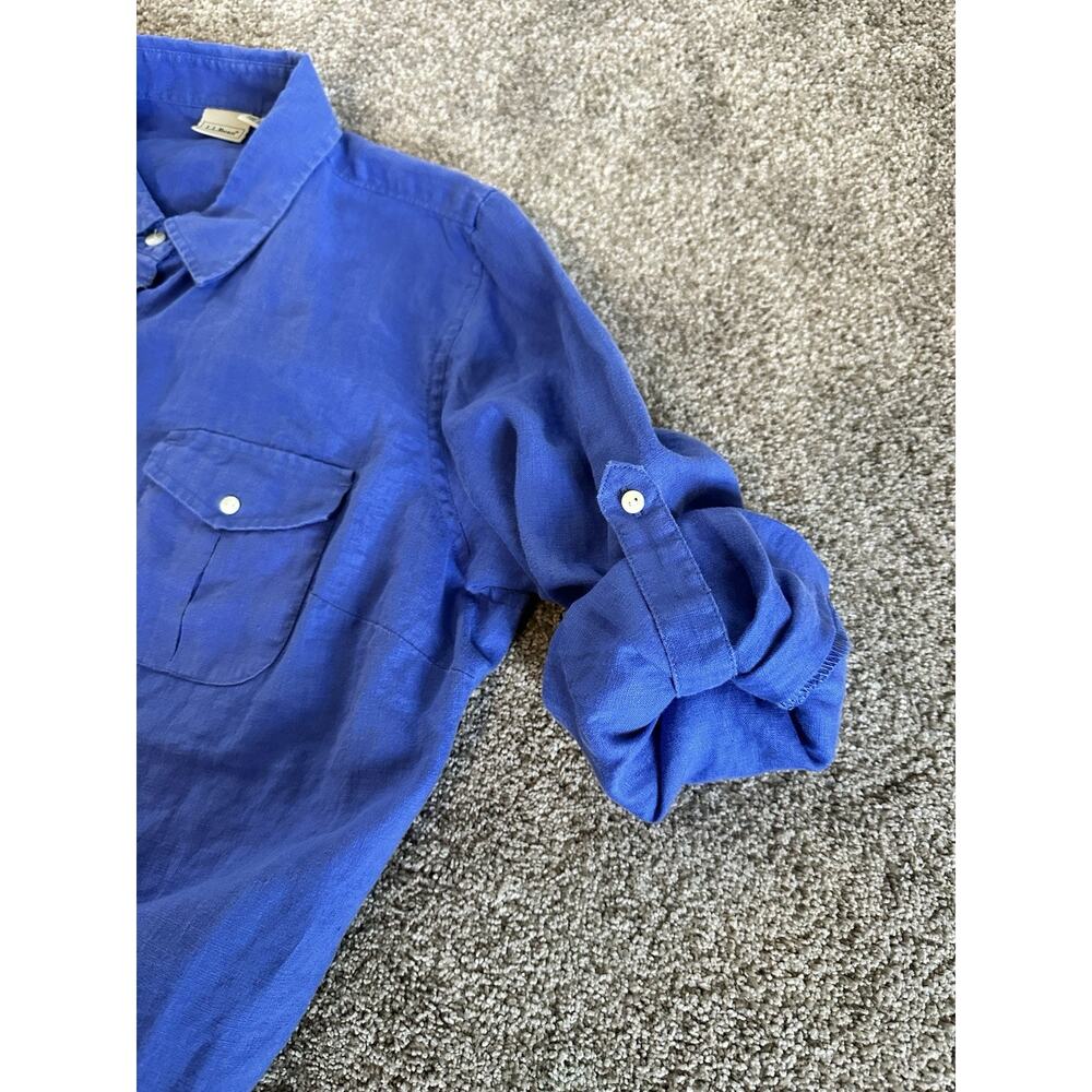 L.L. Bean 100% Linen Button Up Shirt Women’s Size L Blue Long Sleeve Roll Tab - Picture 8 of 10